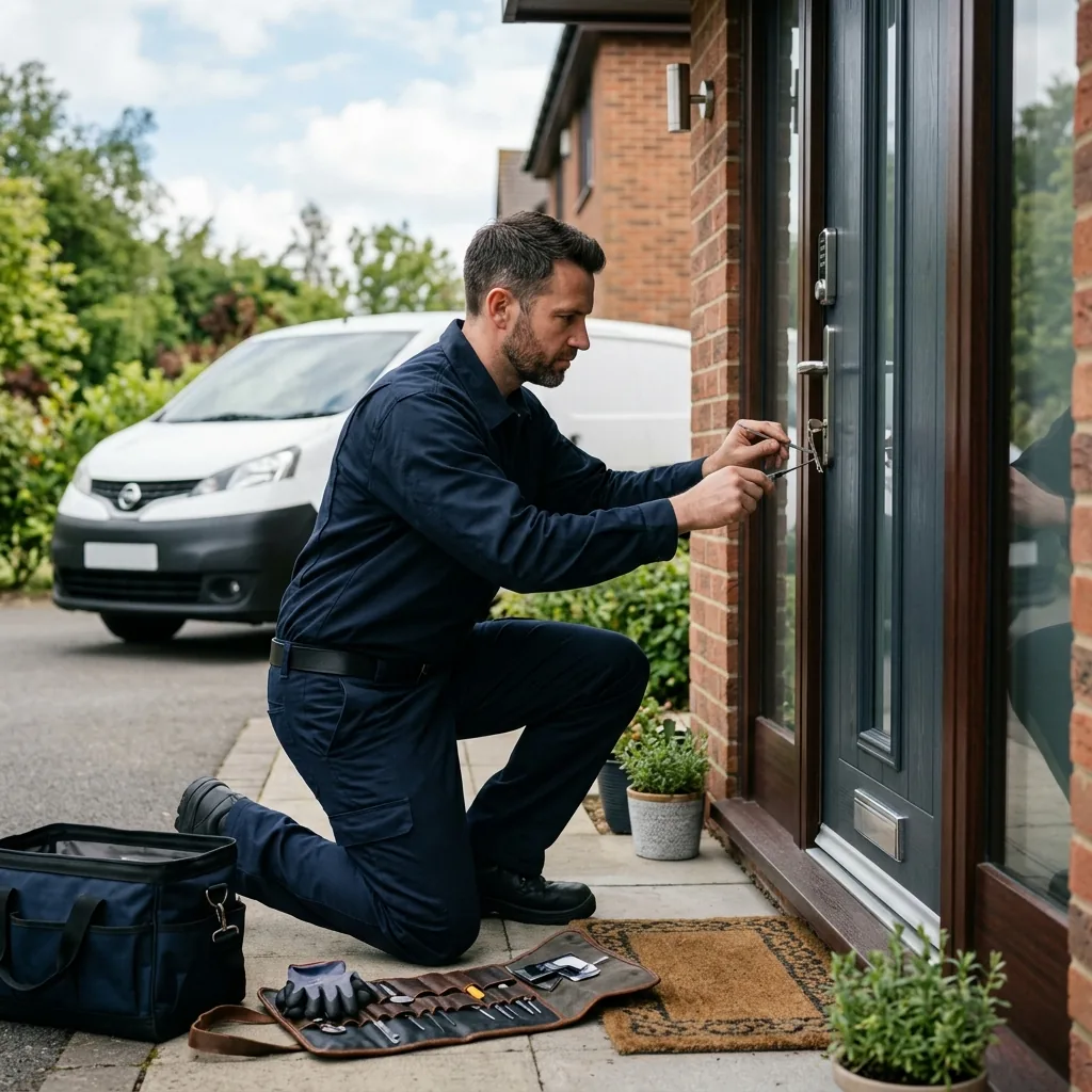 A locksmith working on a residential door in Atlanta